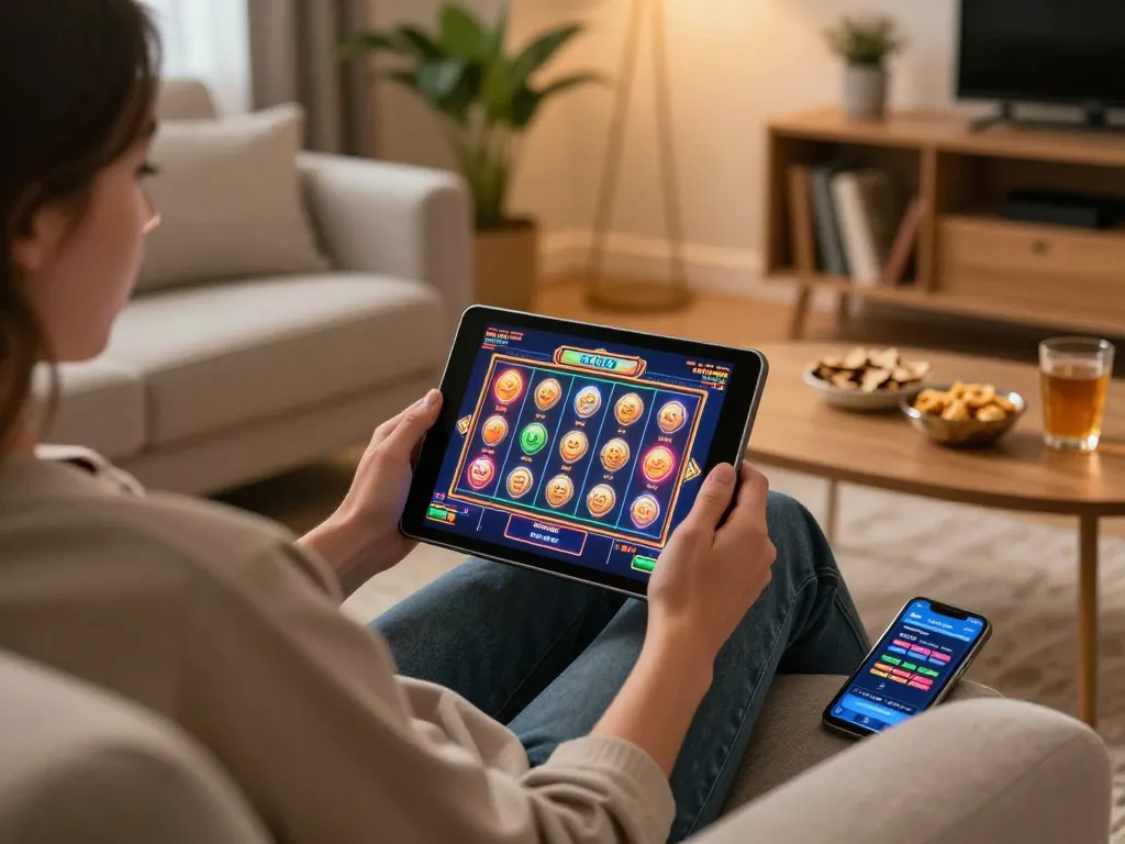Engaging in online slots on gg88 com from a cozy living room, showcasing a strategic approach to gaming.