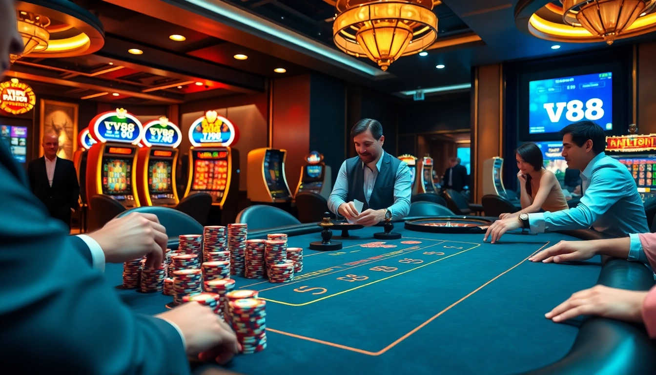 Players enjoying a dynamic game of poker at EV88’s luxurious casino table.