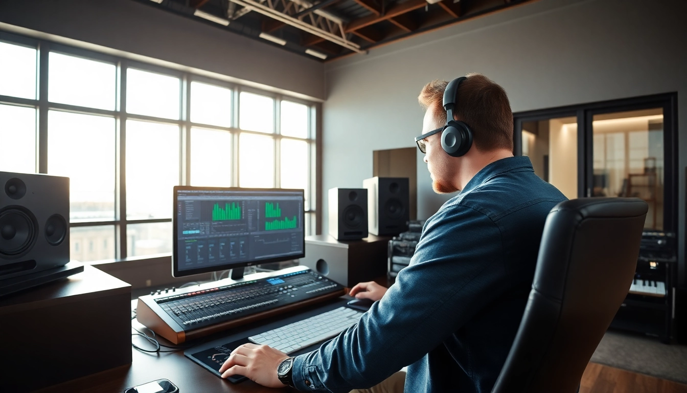 Engineer working on online mastering in a vibrant audio studio with high-tech equipment.