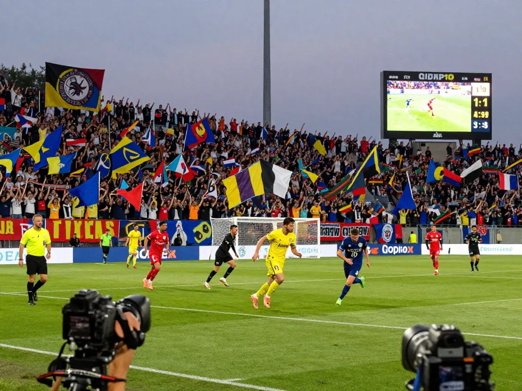 Exciting soccer match scene showcasing the latest scores and passionate fans cheering for their teams while celebrating ผลบอล.