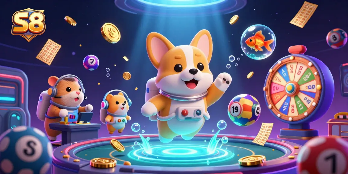 S8 floating in a vibrant space casino, showcasing dynamic games and lively characters.