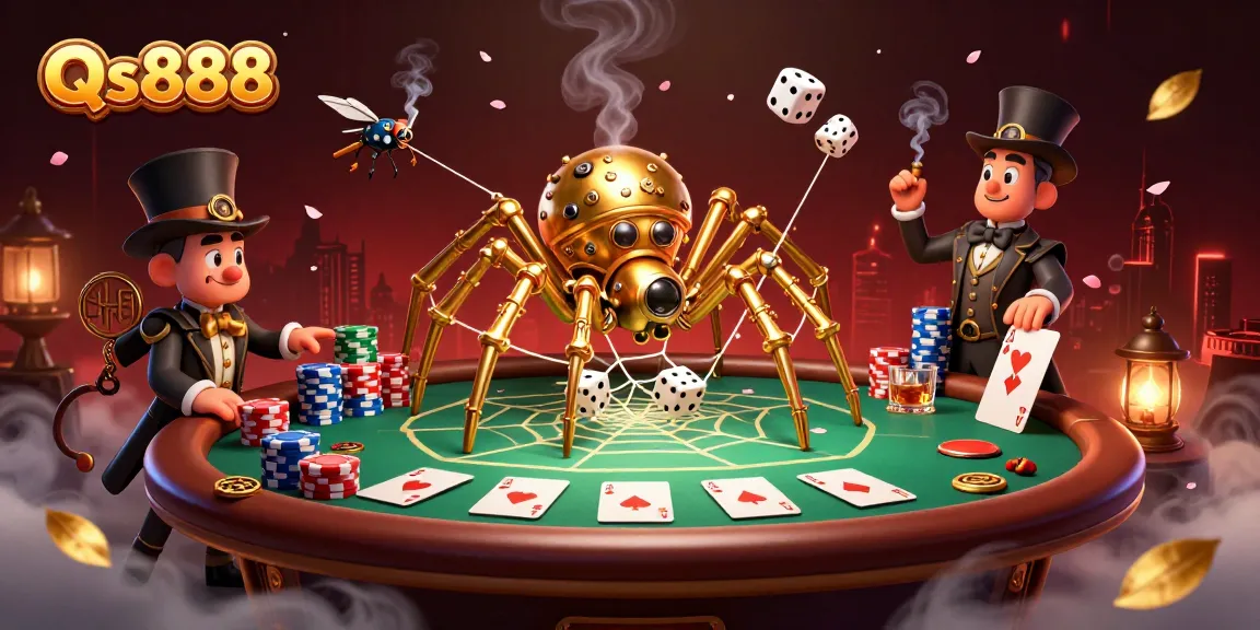 Win big with Qs888 while caught in a web of poker excitement in a rich 3D illustration.