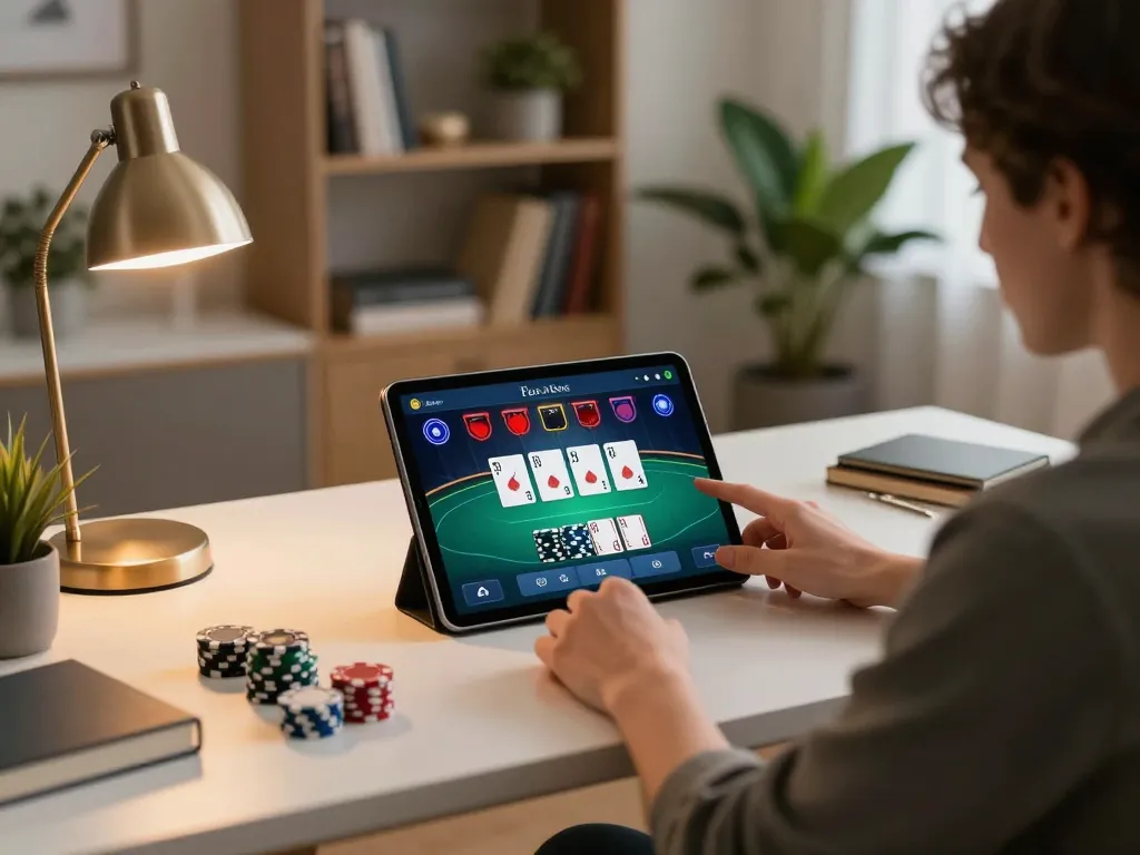 Player engaging in poker game on Au 88 tablet in comfortable home setting.