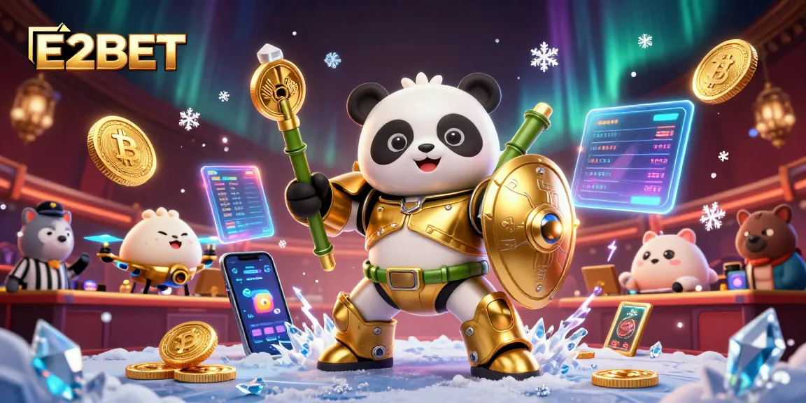 E2BET showcases a vibrant casino scene featuring a mech-suit golden panda and crypto elements.