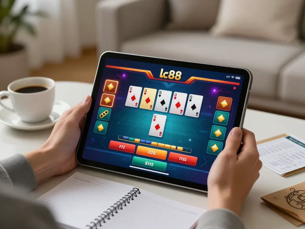 Engaged player exploring the lc88 game on a tablet in a cozy home setting, highlighting strategic betting.