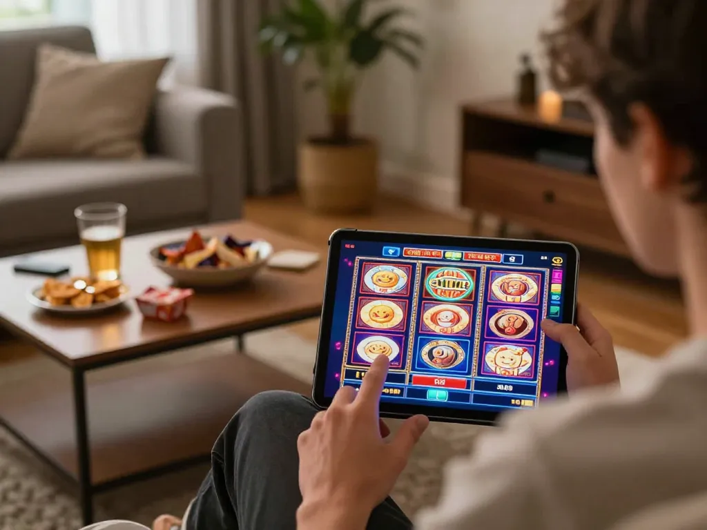 WIN79 player enjoying exciting slot gaming experience on tablet in a cozy living room setting