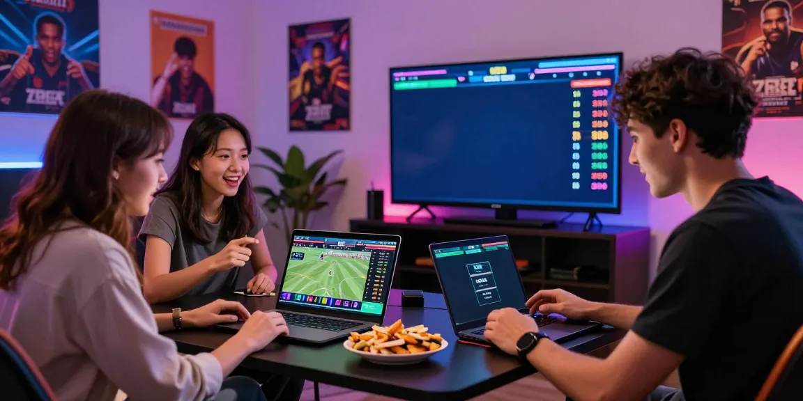 Excited players using the ZBET app for sports betting in a vibrant environment.