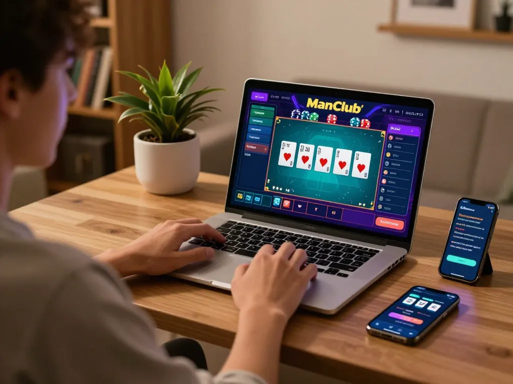 A player engages in online gaming with ManClub, showcasing vibrant game interface and cozy gaming setup.