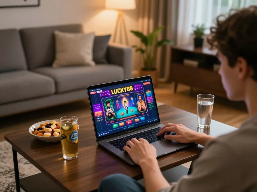 LUCKY88 player engaging in online casino gaming with snacks and colorful game graphics visible.