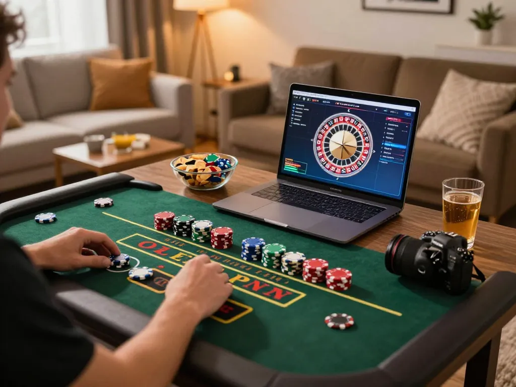 Engaging in online gaming with Nhà cái FC88 at home, showcasing a live dealer roulette experience.
