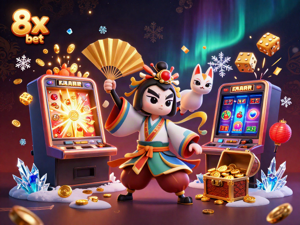 Engage with an immersive 8x bet casino scene filled with vibrant characters and dynamic gaming elements.