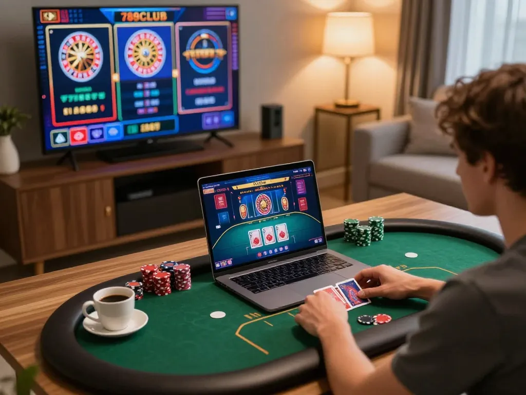 Player engrossed in a strategic online game at 789CLUB while enjoying a comfortable home setting.