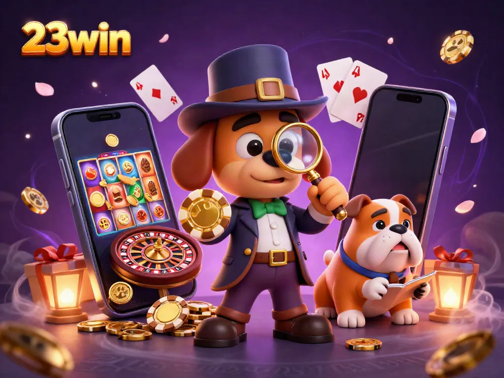 Engage with thrilling slots on 23win while a detective uncovers treasure clues in a rich casino scene.