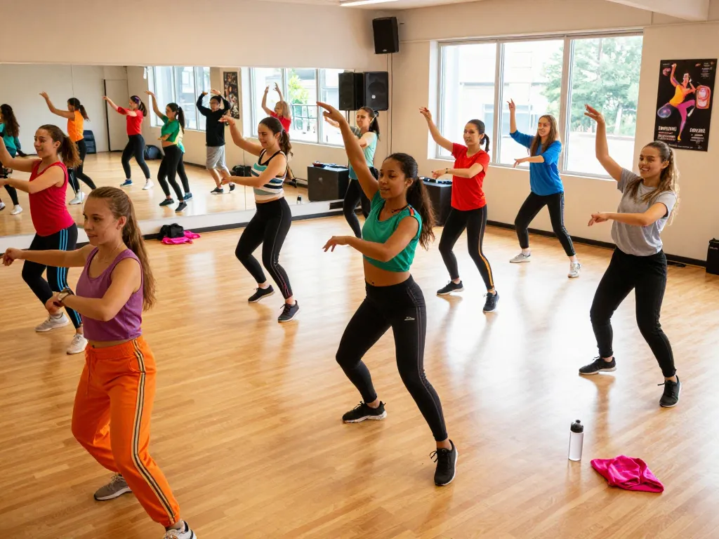 Engaging dance class showcasing kling ai dance transformations with diverse participants enjoying dynamic movements in a bright studio.