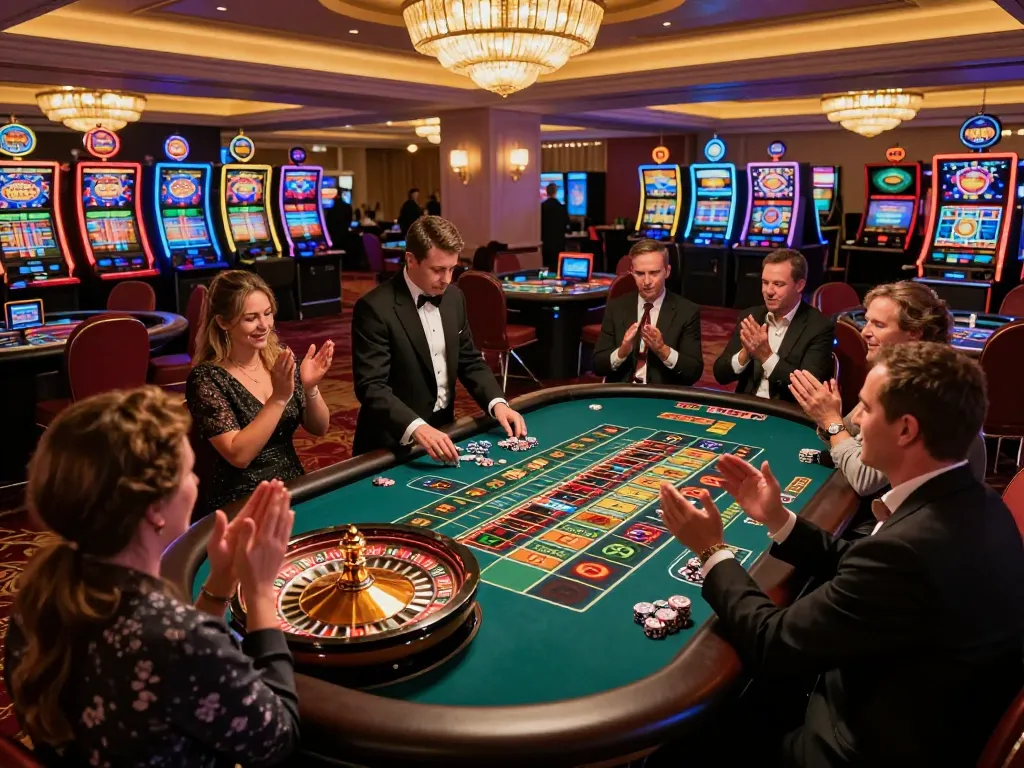 Người chơi LUCK8 tham gia xung quanh bàn roulette sống động, ăn mừng một chiến thắng hồi hộp trong một casino cao cấp.