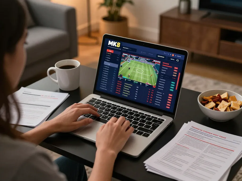 Engaging scene of sports betting on MK8 app at home, showcasing live odds on laptop.