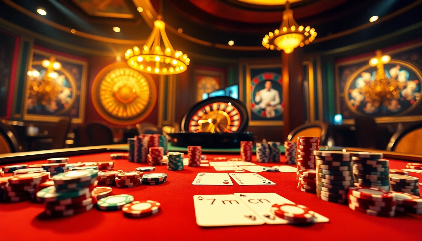 Engaging scene of a high-stakes casino table featuring '7m cn' betting chips and cards.