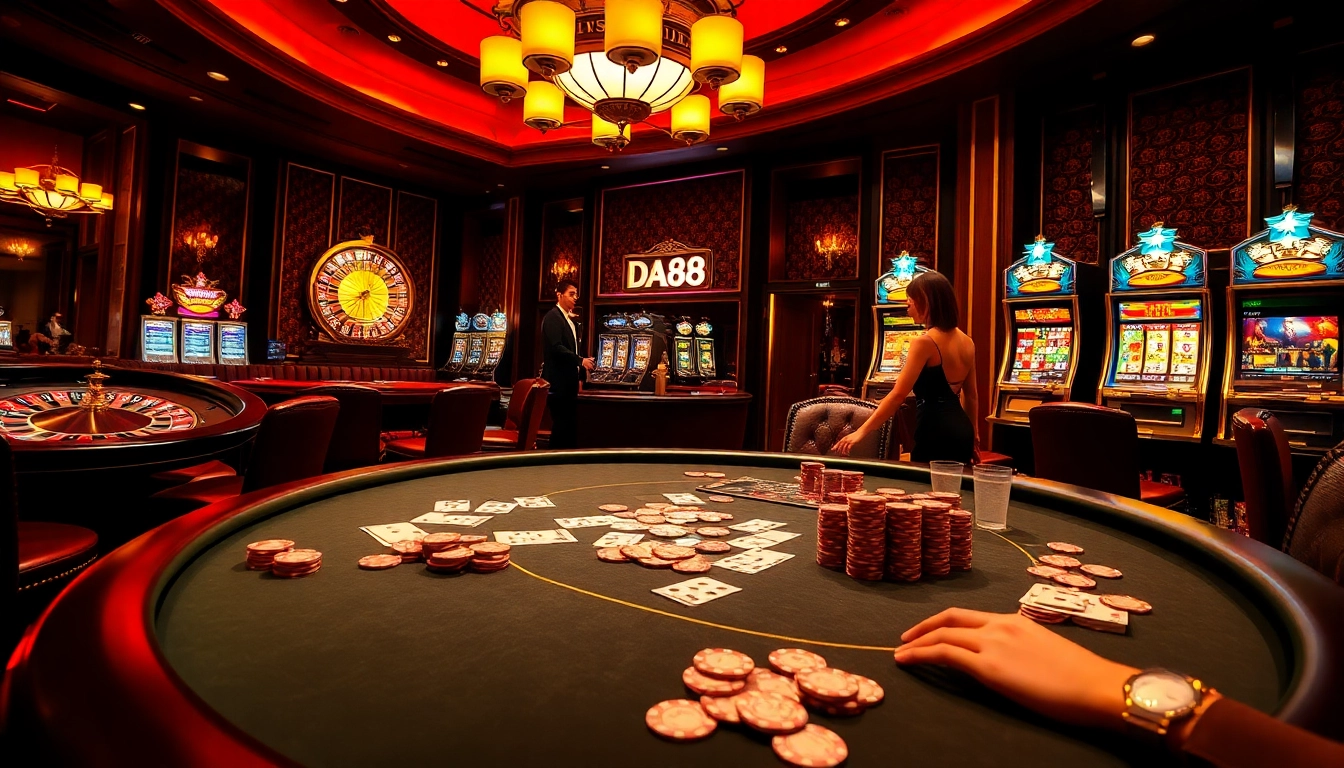 Experience high-stakes gambling with DA88 poker chips and vibrant casino elements in a luxurious setting.