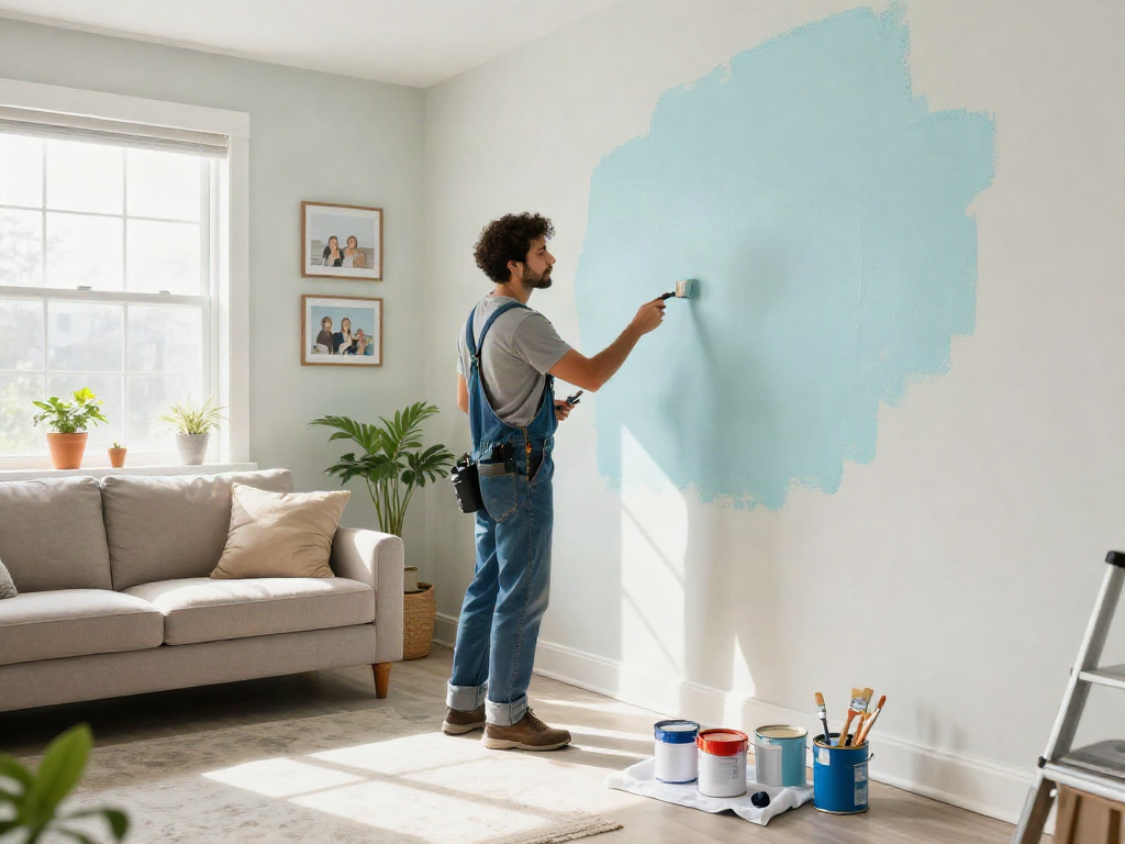 Engaging home repair services Des Moines Iowa scene with contractor and homeowner painting a cozy living room.