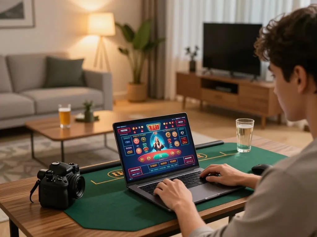 Engaged player using 78WIN online platform on laptop with vibrant gaming graphics.
