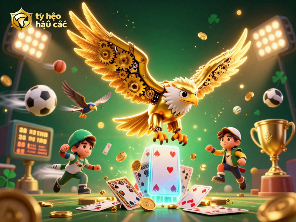 Betting on tỷ lệ kèo nhà cái with a dynamic 3D illustration of a golden eagle amid sports elements.
