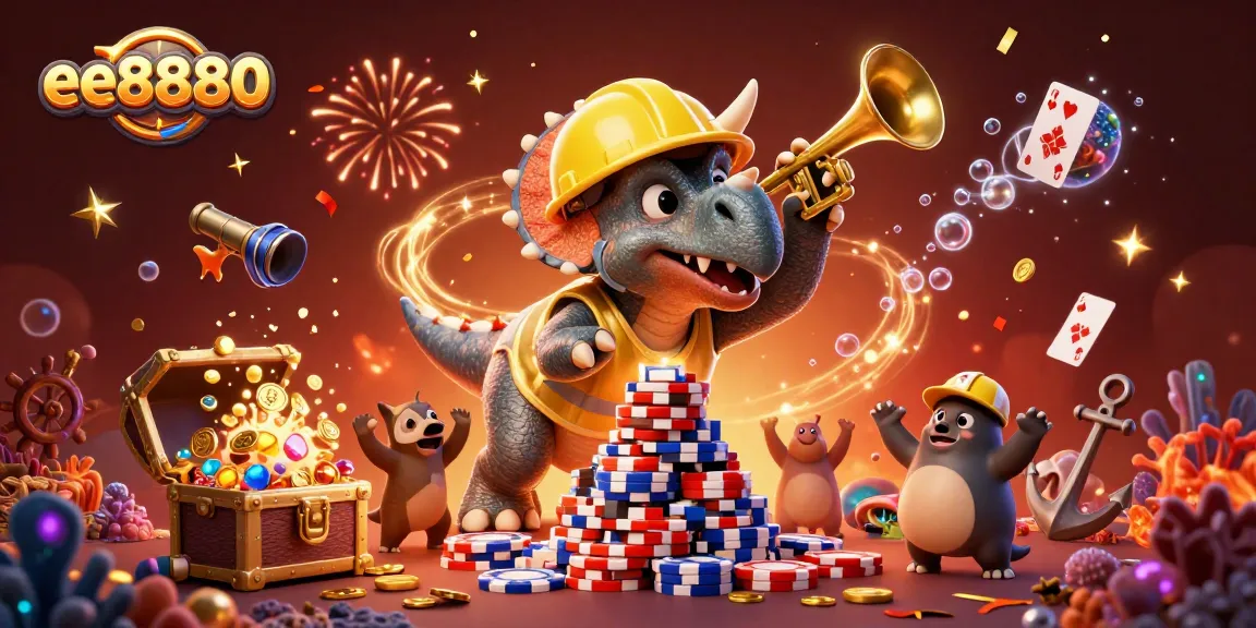 ee8880 showcases an exciting celebration with vibrant casino elements and dynamic characters in a colorful gaming scene.