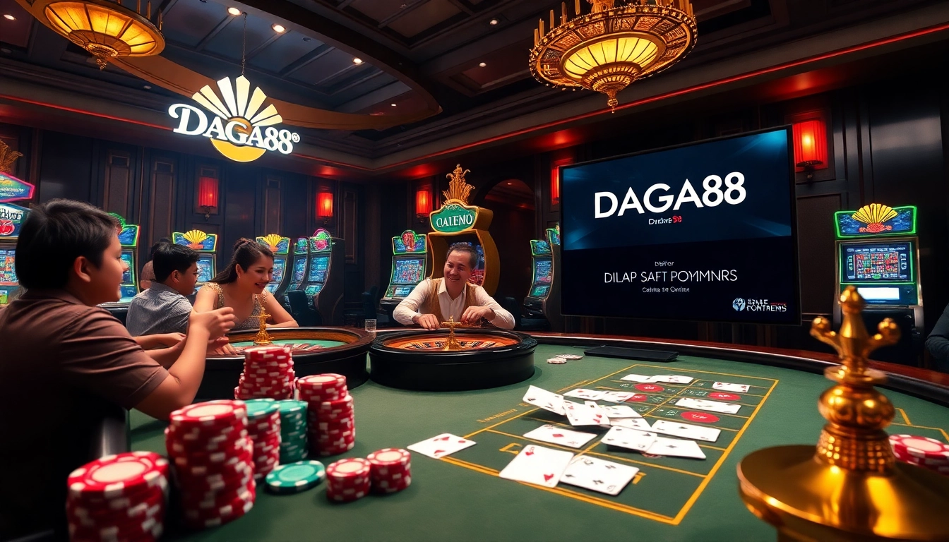 DAGA88 players placing bets and enjoying live streaming of cockfighting matches in a vibrant casino environment.