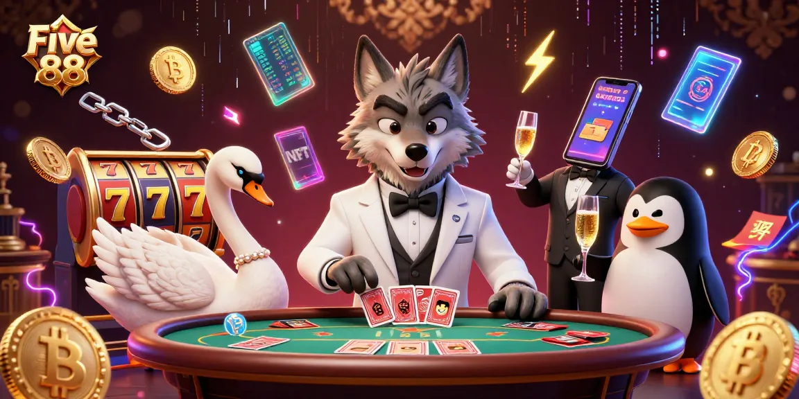 Play immersive baccarat with Five 88 featuring charismatic characters in a vibrant casino scene.