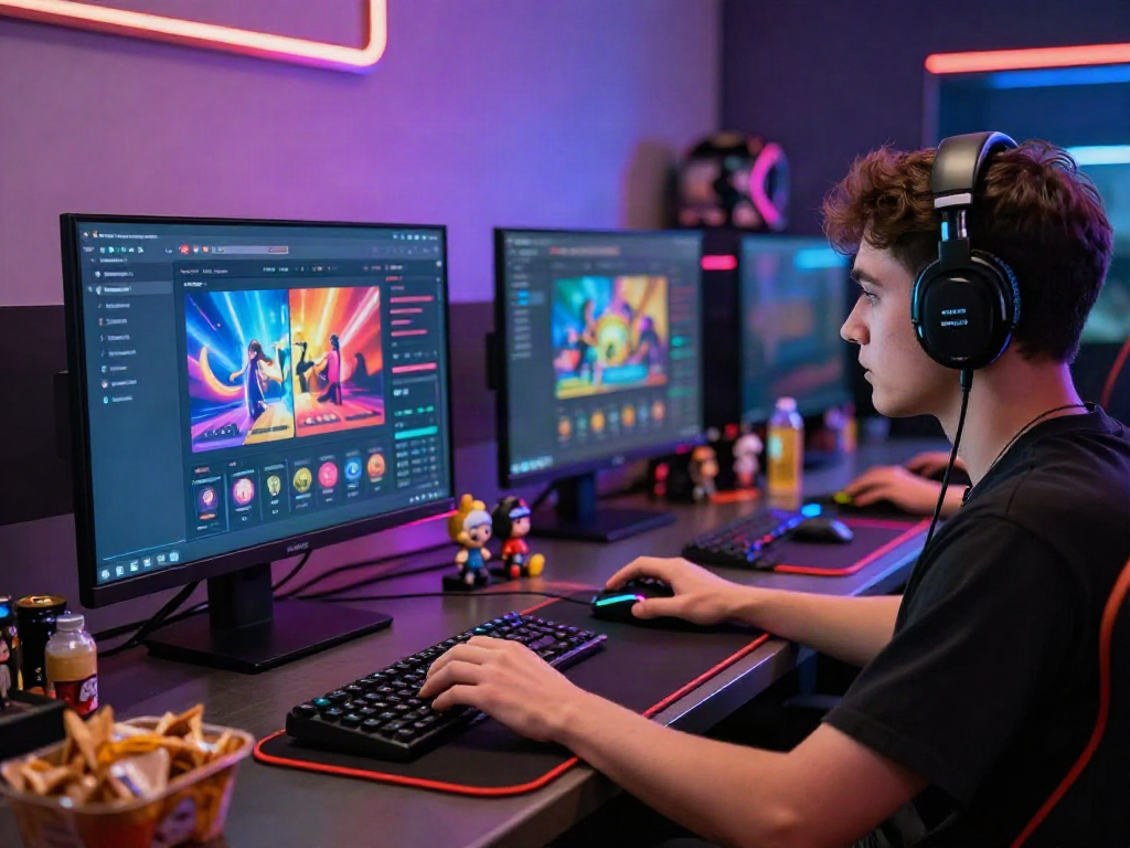 Excited gamer using app Nbet on desktop in a vibrant setup