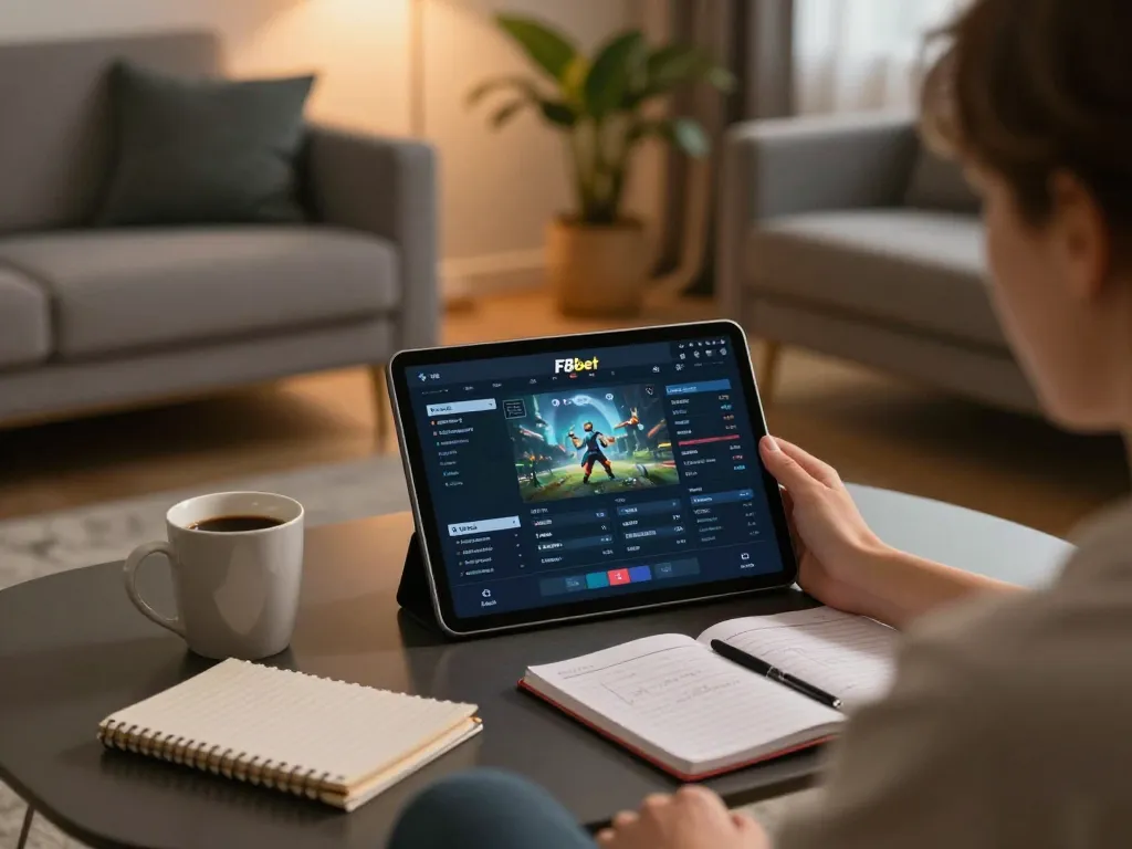 Engaging player exploring F8bet gaming options on tablet in a relaxing home environment