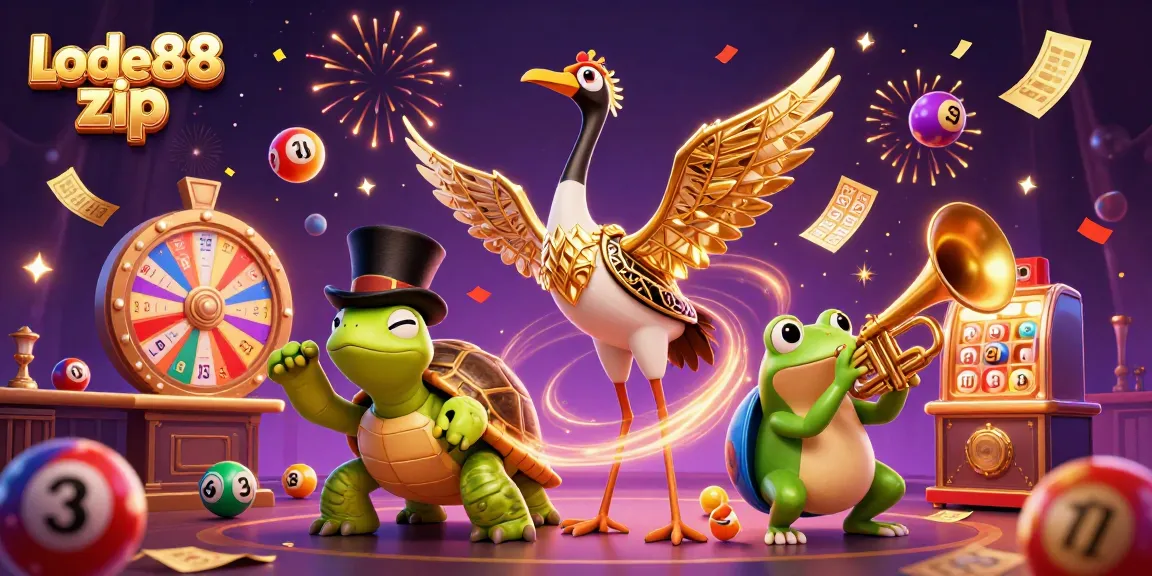 Lode88 zip showcases a lively 3D casino scene with vibrant lottery elements and whimsical characters.