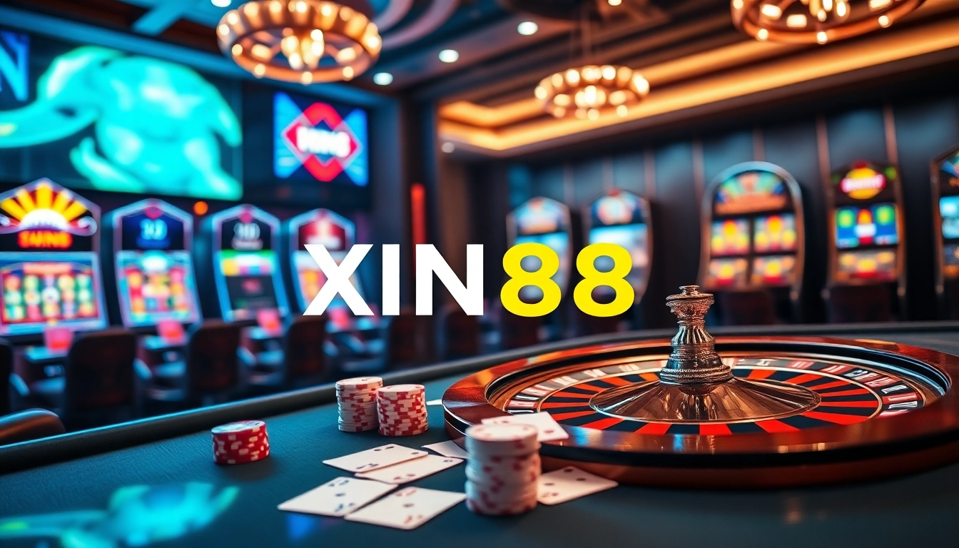 XIN88 casino scene with vibrant roulette, poker chips, and lively online gaming ambiance.