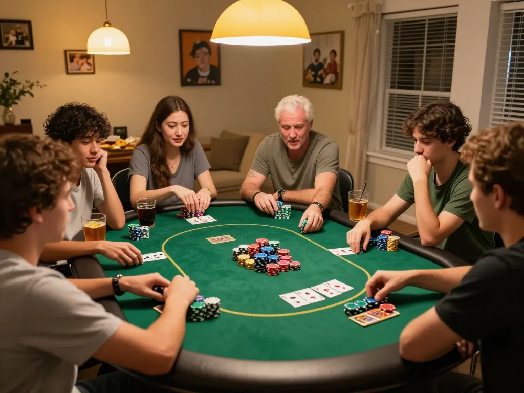 Friends enjoying Dominobet IDN Poker during a lively home game night, showcasing competitive spirit and camaraderie.
