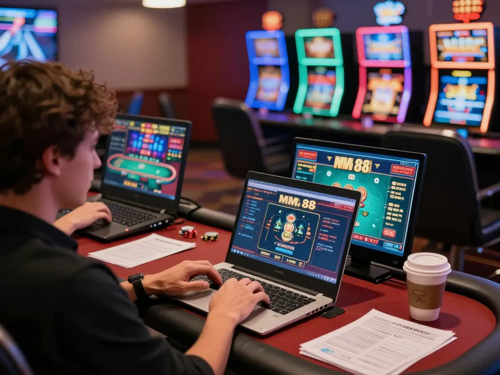 Engaging in MM 88 online gaming with vibrant visuals of poker and slots