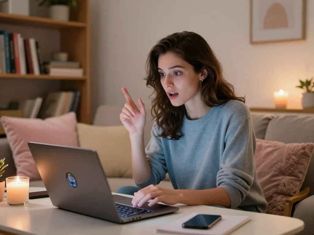 Engaging in ai nsfw chat on a laptop in a cozy room with ambient lighting and decor.