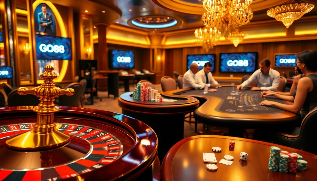 Players enjoying an exciting game night at GO88 casino, surrounded by colorful poker chips and vibrant roulette wheels.