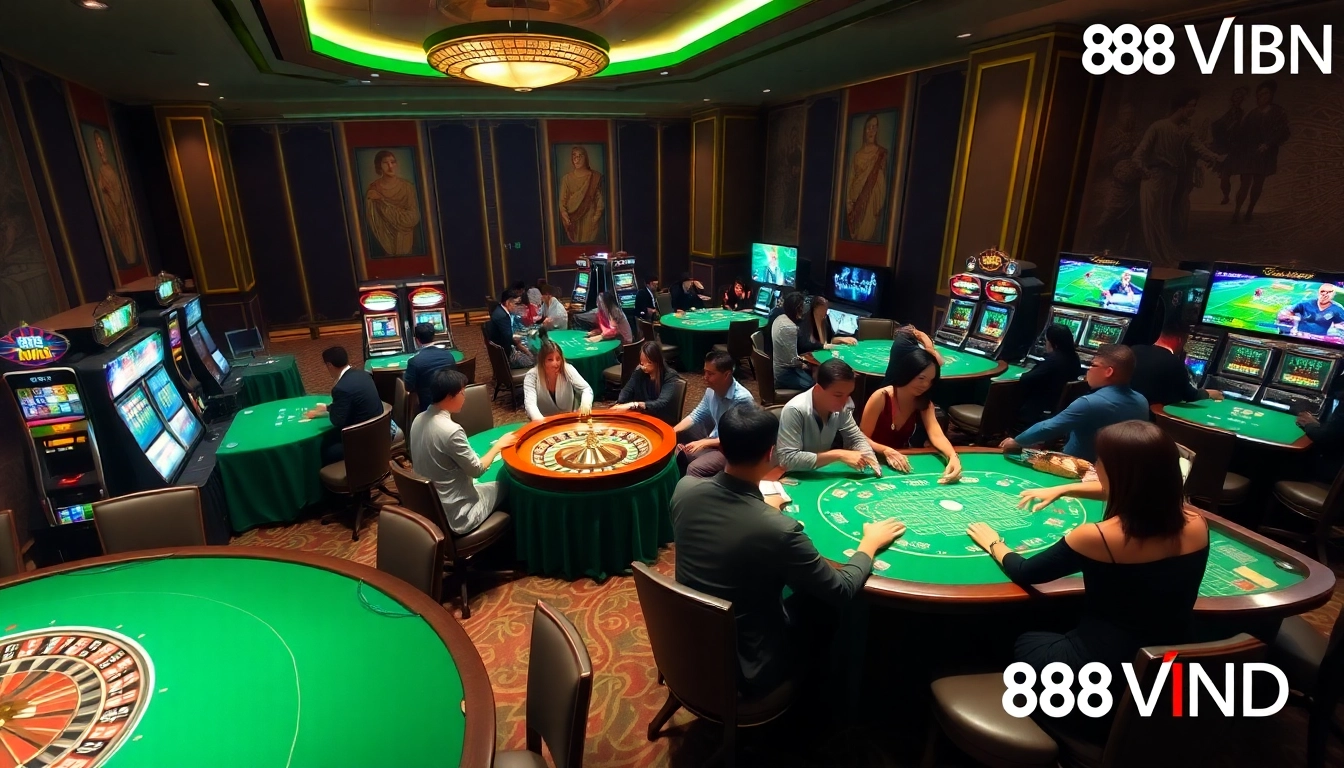 Exciting casino scene showcasing the experience of Trang chủ 888VND with gamblers at tables and vibrant slots.