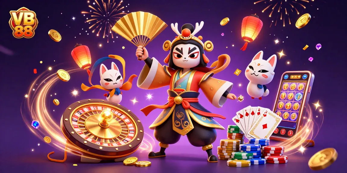 Engage with VB 88 through vibrant interactions featuring a kabuki warrior and exciting casino elements.