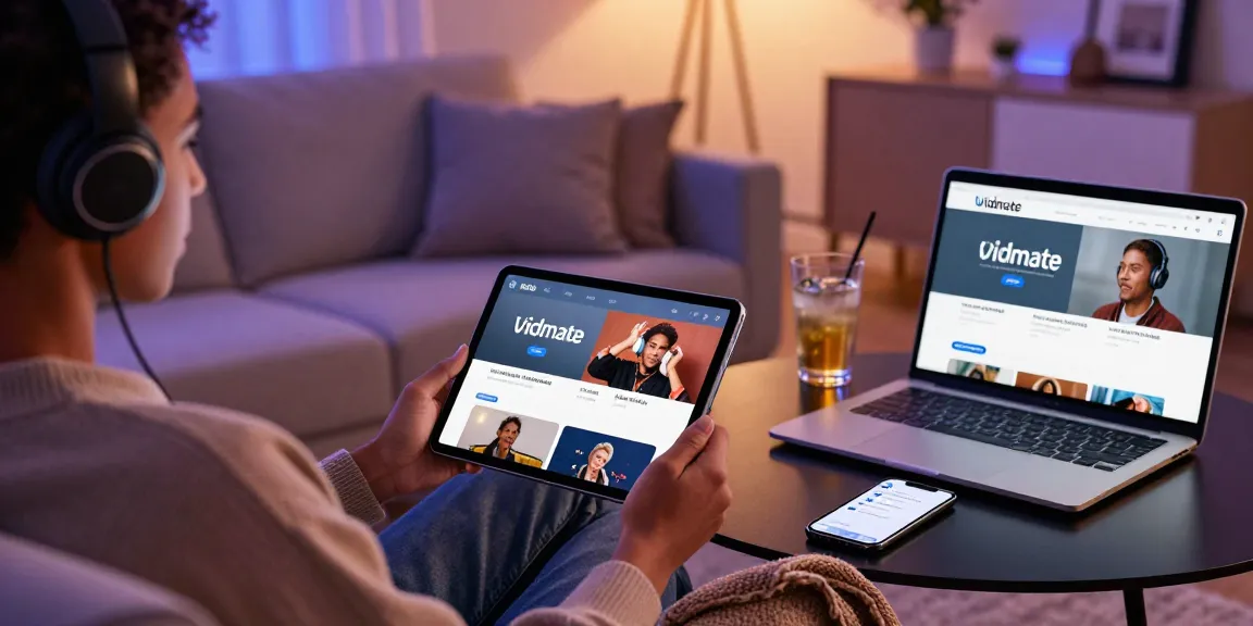 Enjoying Vidmate APK on a tablet in a cozy living room with ambient lighting.