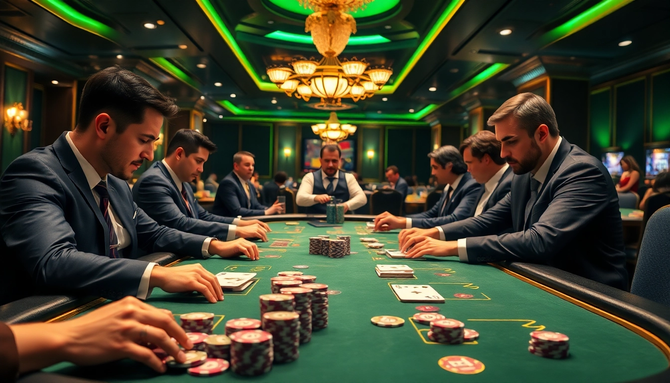 Players strategizing at an F168-themed poker table in a luxurious casino setting.