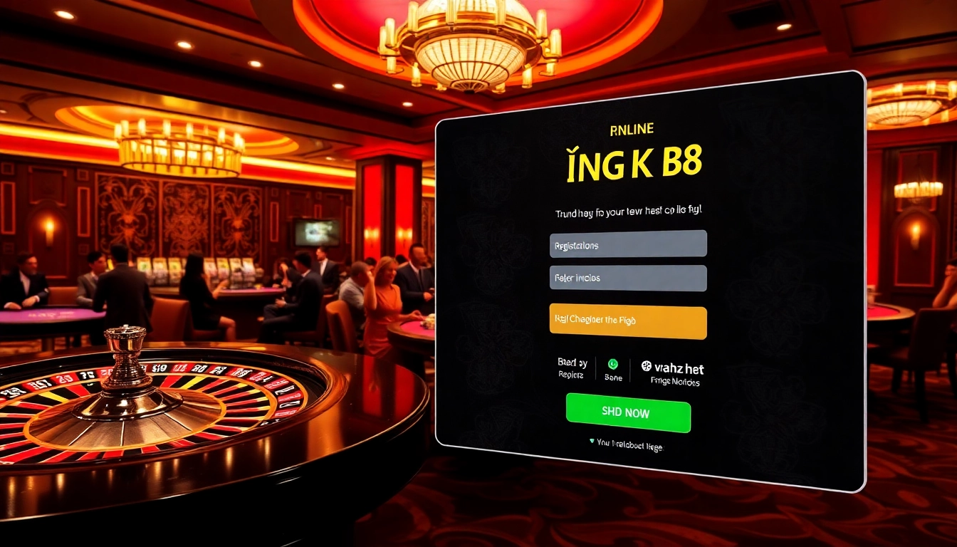 Experience the thrill of gambling with ĐĂNG KÝ B8, featuring a vibrant casino scene and players engaged at tables.