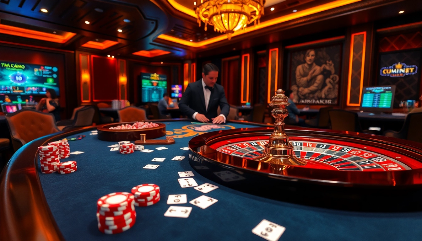 Players engaging at a luxurious gaming table at NHÀ CÁI HBBET, showcasing excitement in online gambling.
