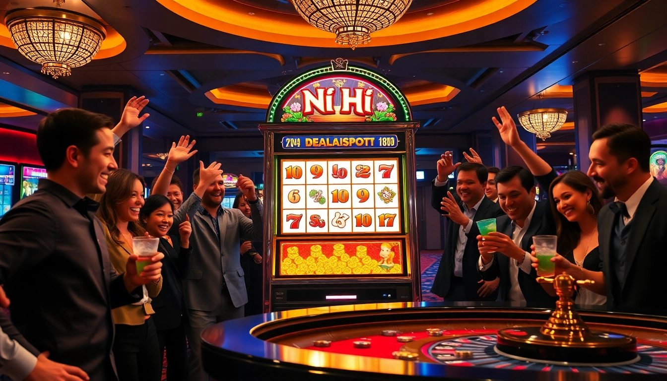 Players celebrating a big win on a nổ hũ slot machine amidst a lively casino atmosphere.