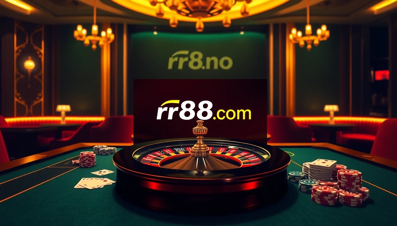A dynamic depiction of the rr88com online casino interface with poker chips and a roulette wheel.