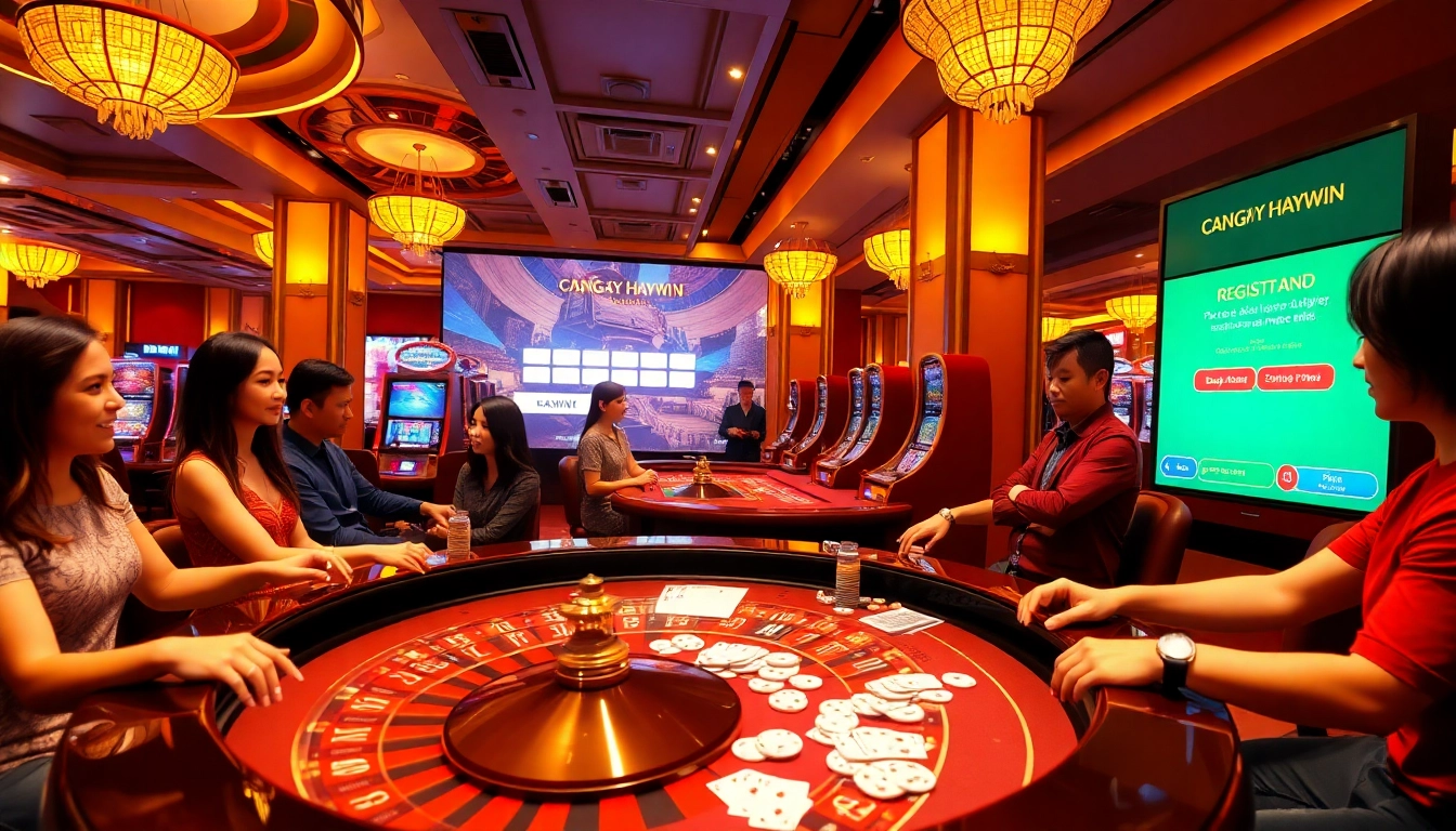 Experience the thrill of ĐĂNG KÝ HAYWIN with dynamic casino action featuring players at roulette and slot machines.