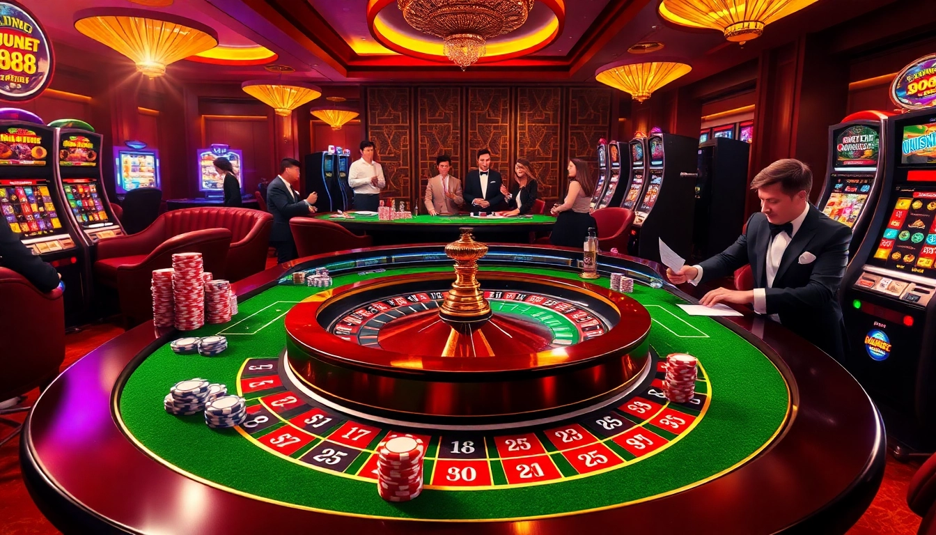 Experience the excitement of UU88 at a glamorous casino with poker, roulette, and slot machines.