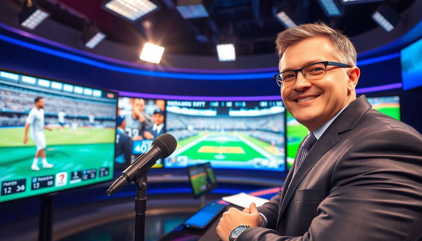 Engaging setup of sports broadcasting, highlighting a dynamic studio environment and lively presenter.