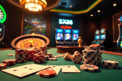 SX88-style poker chips and cards add luxury to an engaging casino atmosphere.