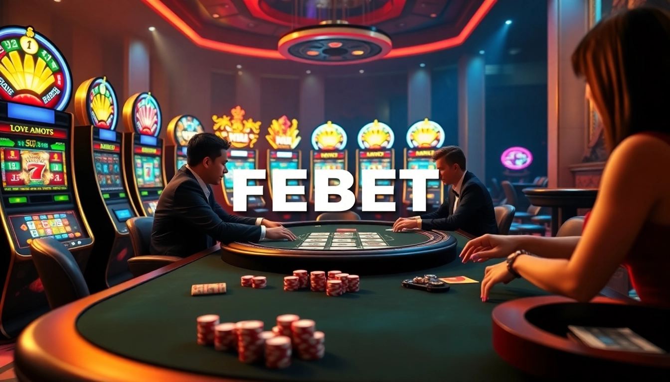Experience the thrill at NHÀ CÁI FEBET with lively casino gameplay featuring poker chips and vibrant slot machines.