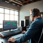 Engineer working on online mastering in a vibrant audio studio with high-tech equipment.